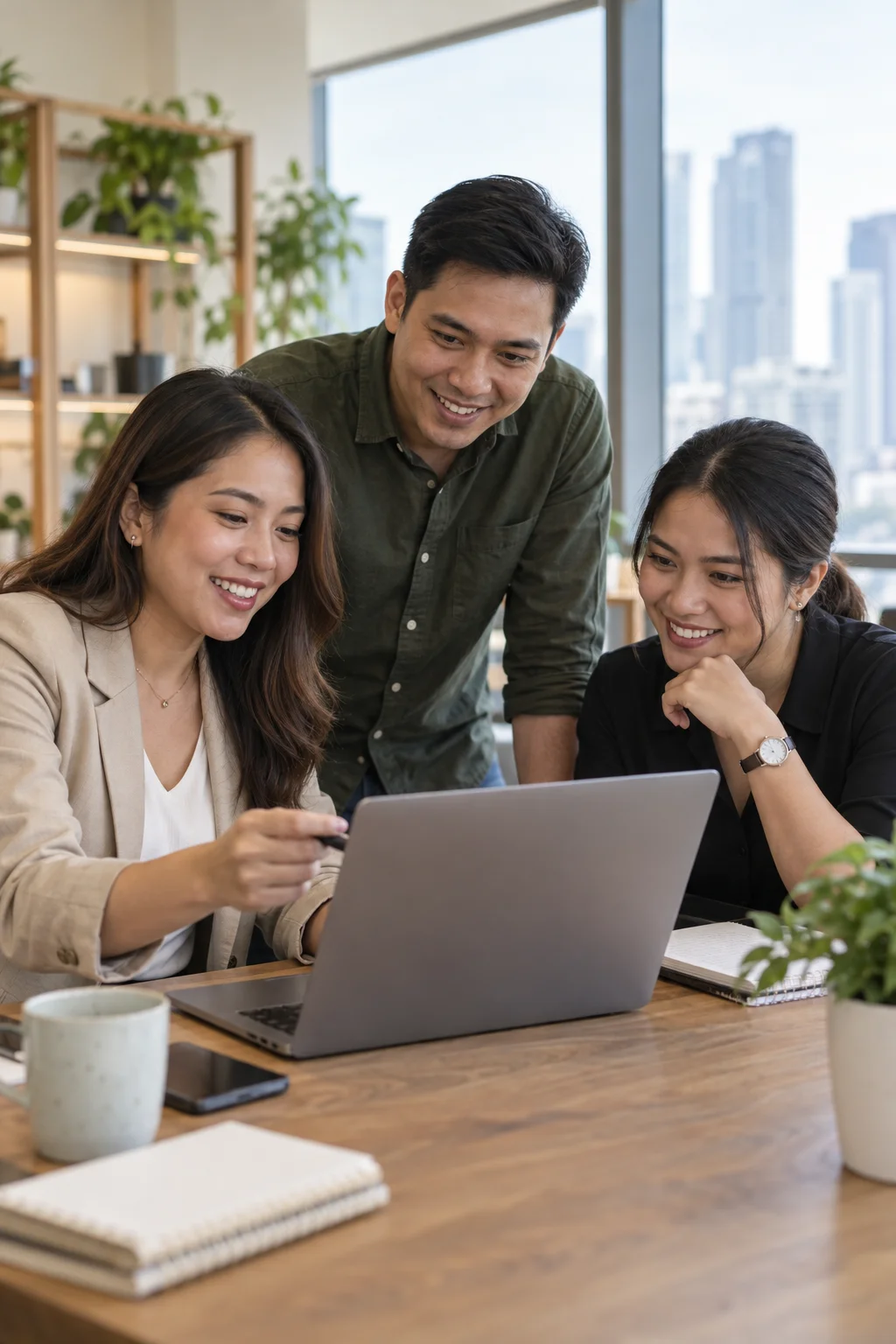 Illustrative Filipino coworkers collaborating in an office